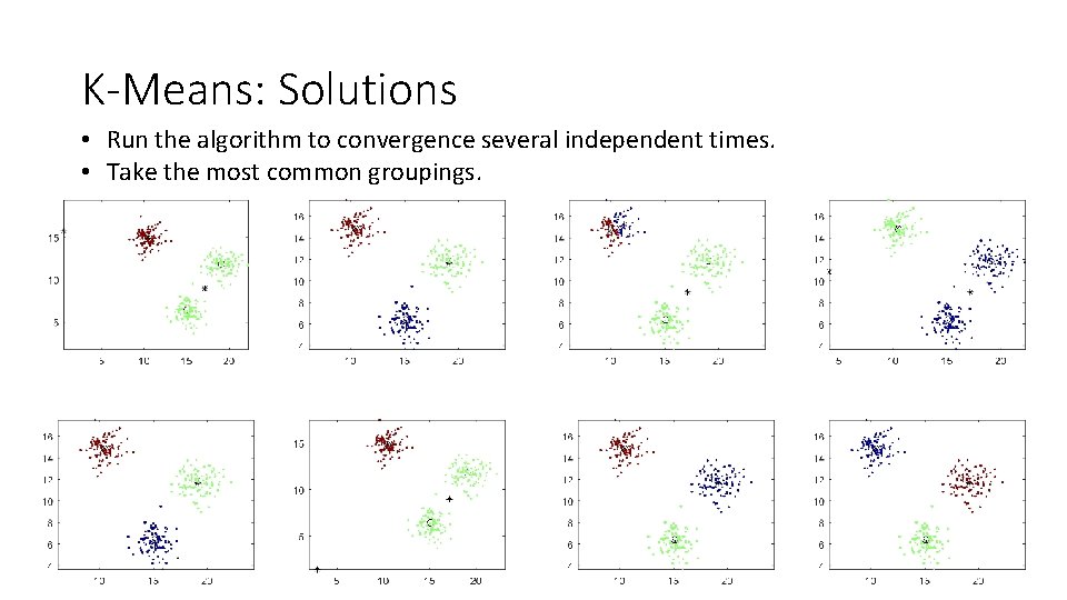 K-Means: Solutions • Run the algorithm to convergence several independent times. • Take the