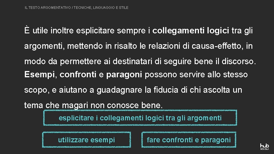 IL TESTO ARGOMENTATIVO / TECNICHE, LINGUAGGIO E STILE È utile inoltre esplicitare sempre i