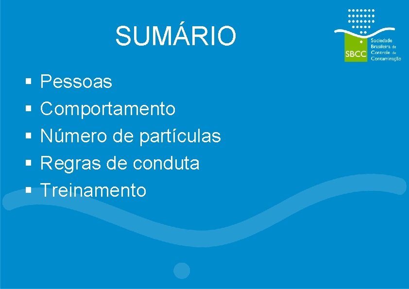 SUMÁRIO § § § Pessoas Comportamento Número de partículas Regras de conduta Treinamento 