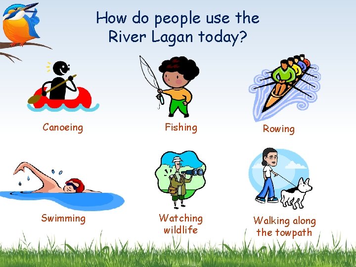 How do people use the River Lagan today? Canoeing Fishing Swimming Watching wildlife Rowing