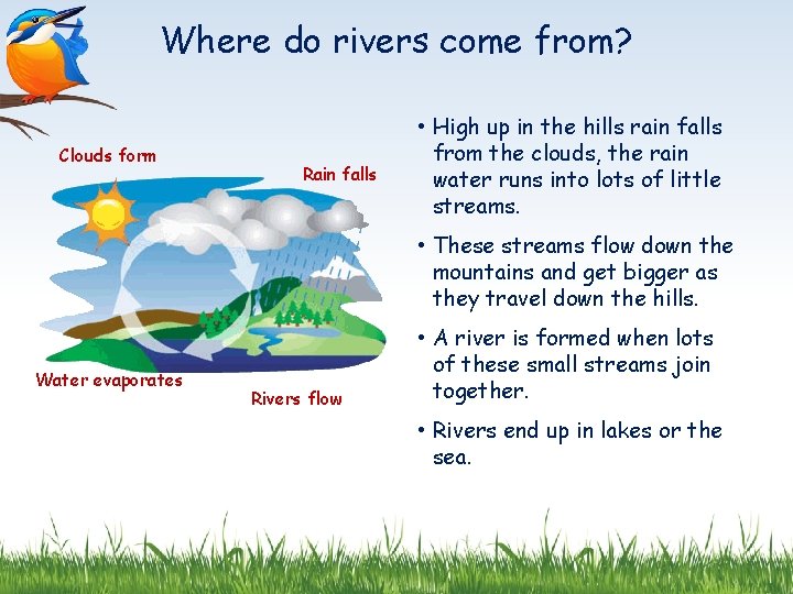Where do rivers come from? Clouds form Rain falls • High up in the