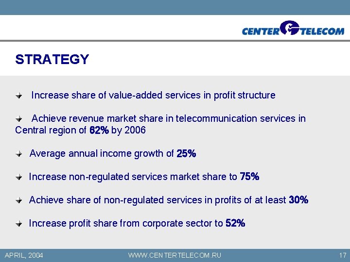 STRATEGY Increase share of value-added services in profit structure Achieve revenue market share in