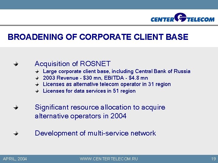 BROADENING OF CORPORATE CLIENT BASE Acquisition of ROSNET Large corporate client base, including Central