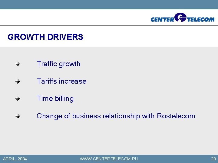 GROWTH DRIVERS Traffic growth Tariffs increase Time billing Change of business relationship with Rostelecom