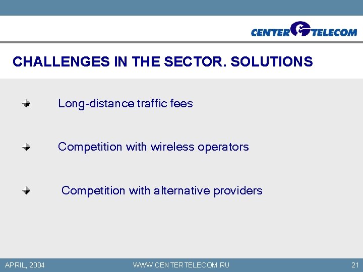 CHALLENGES IN THE SECTOR. SOLUTIONS Long-distance traffic fees Competition with wireless operators Competition with