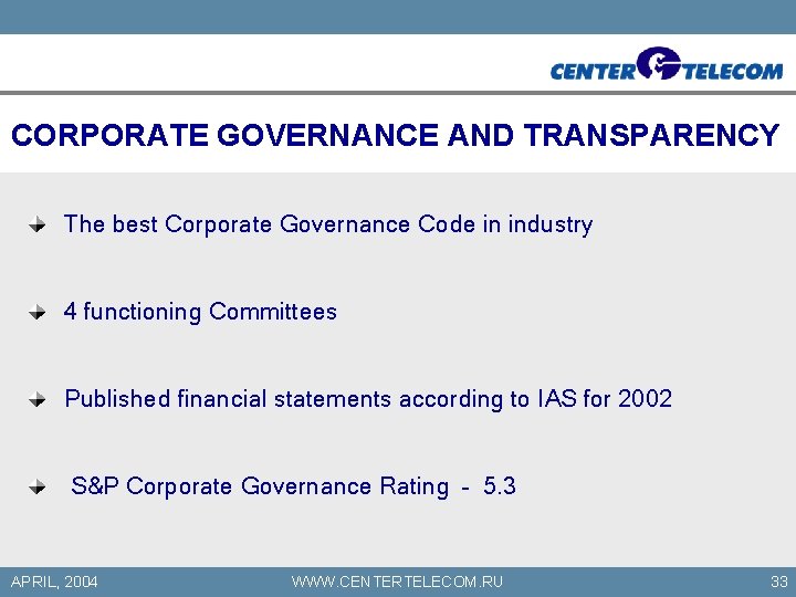 CORPORATE GOVERNANCE AND TRANSPARENCY The best Corporate Governance Code in industry 4 functioning Committees