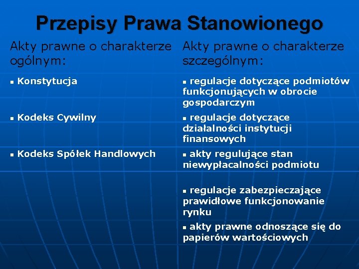 Przepisy Prawa Stanowionego Akty prawne o charakterze ogólnym: szczególnym: n Konstytucja n regulacje dotyczące