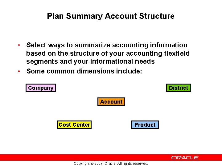 Plan Summary Account Structure • Select ways to summarize accounting information based on the