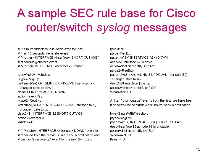 A sample SEC rule base for Cisco router/switch syslog messages # If a router