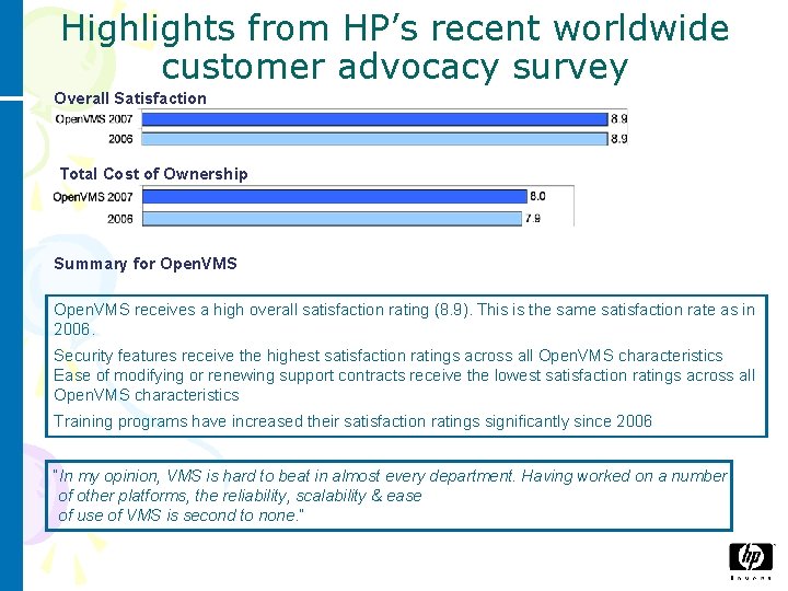 Highlights from HP’s recent worldwide customer advocacy survey Overall Satisfaction Total Cost of Ownership