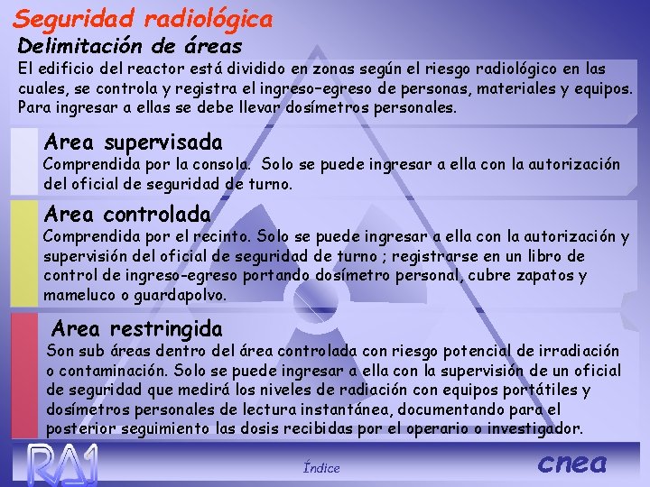 Seguridad radiológica Delimitación de áreas El edificio del reactor está dividido en zonas según