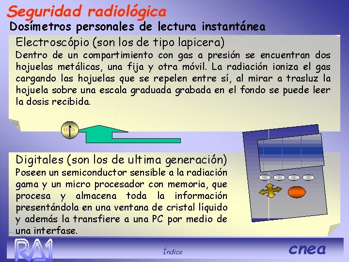 Seguridad radiológica Dosímetros personales de lectura instantánea Electroscópio (son los de tipo lapicera) Dentro