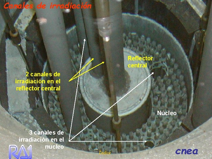 Canales de irradiación Reflector central 2 canales de irradiación en el reflector central Núcleo