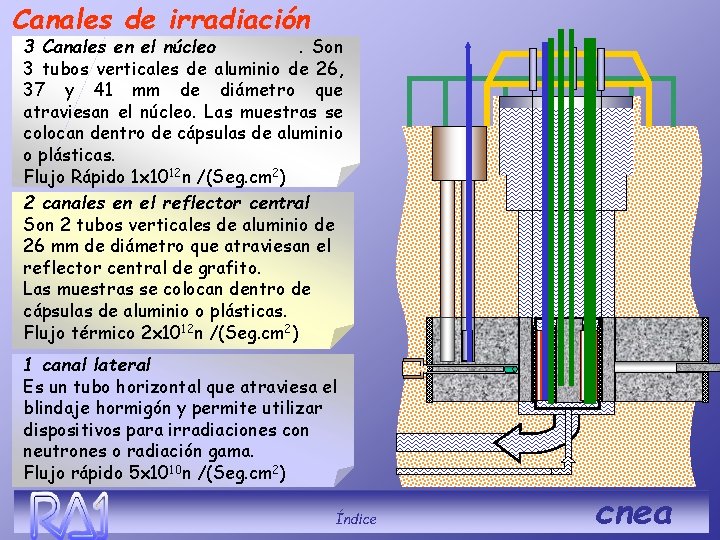 Canales de irradiación 3 Canales en el núcleo. Son 3 tubos verticales de aluminio