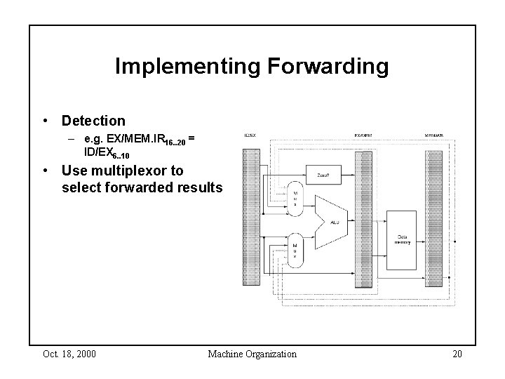 Implementing Forwarding • Detection – e. g. EX/MEM. IR 16. . 20 = ID/EX