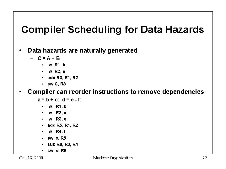Compiler Scheduling for Data Hazards • Data hazards are naturally generated – C=A+B •