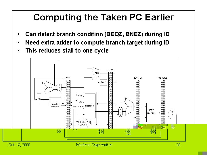 Computing the Taken PC Earlier • Can detect branch condition (BEQZ, BNEZ) during ID