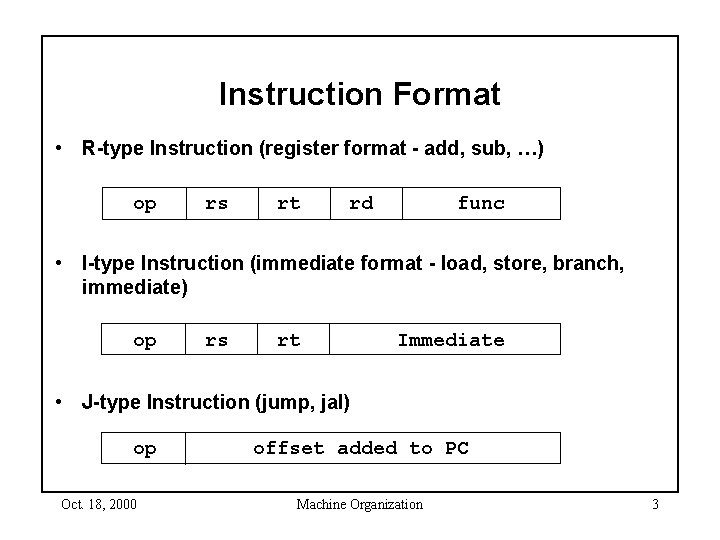 Instruction Format • R-type Instruction (register format - add, sub, …) op rs rt