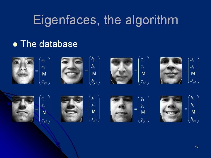 Eigenfaces, the algorithm l The database 10 