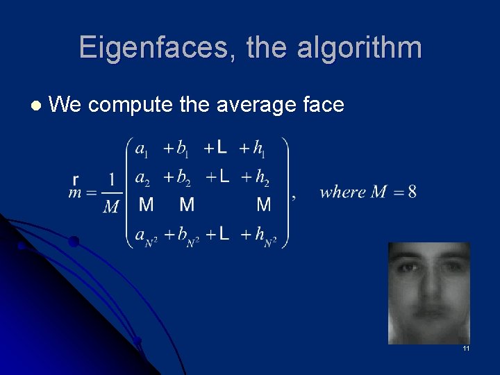 Eigenfaces, the algorithm l We compute the average face 11 