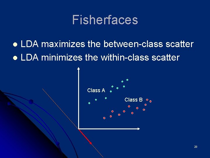 Fisherfaces LDA maximizes the between-class scatter l LDA minimizes the within-class scatter l Class