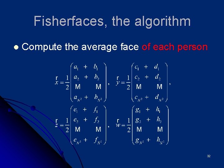 Fisherfaces, the algorithm l Compute the average face of each person 32 