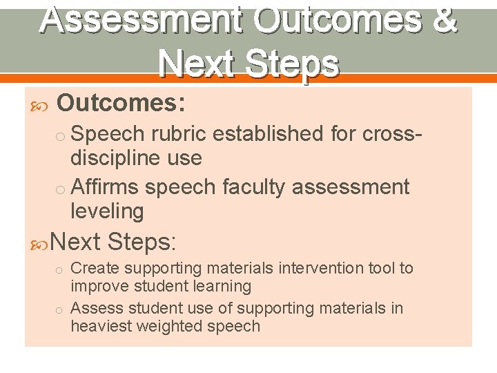 Assessment Outcomes & Next Steps Outcomes: o Speech rubric established for cross- discipline use