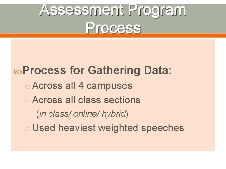 Assessment Program Process for Gathering Data: o Across all 4 campuses o Across all