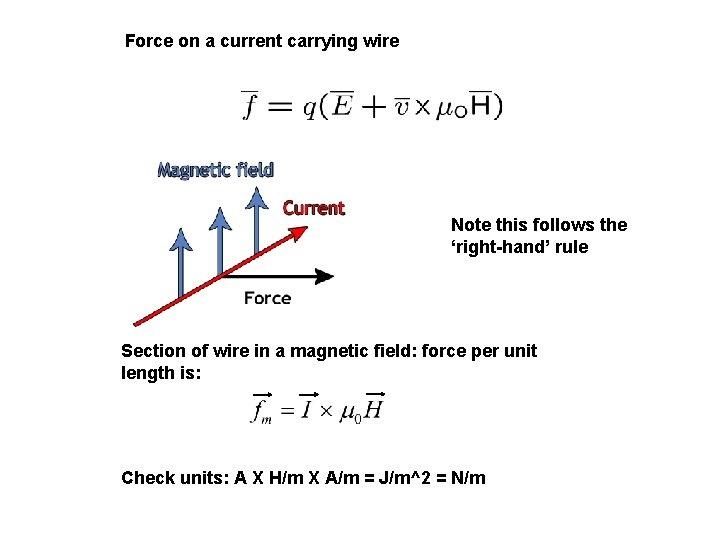 Force on a current carrying wire Note this follows the ‘right-hand’ rule Section of