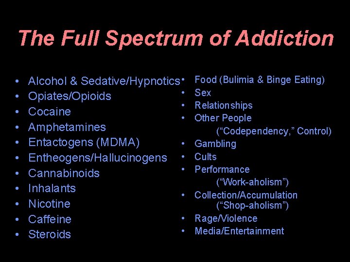 The Full Spectrum of Addiction • • • Alcohol & Sedative/Hypnotics • • Opiates/Opioids