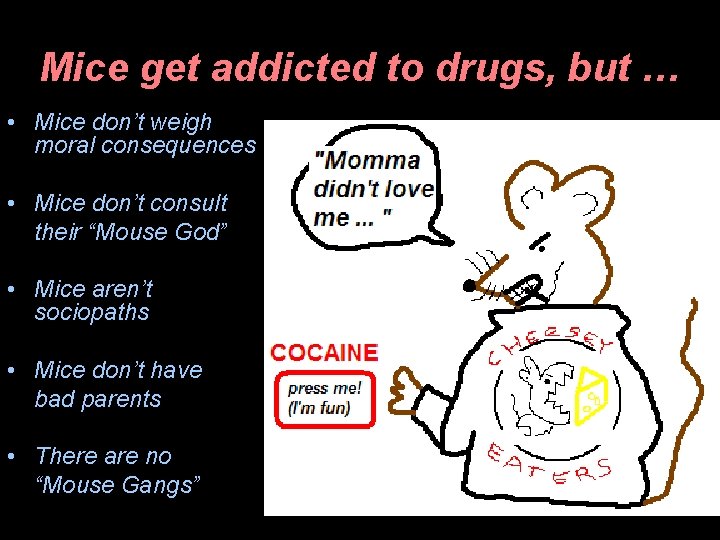 Mice get addicted to drugs, but … • Mice don’t weigh moral consequences •