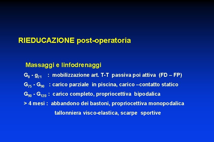 RIEDUCAZIONE post-operatoria Massaggi e linfodrenaggi G 8 - g 21 : mobilizzazione art. T-T