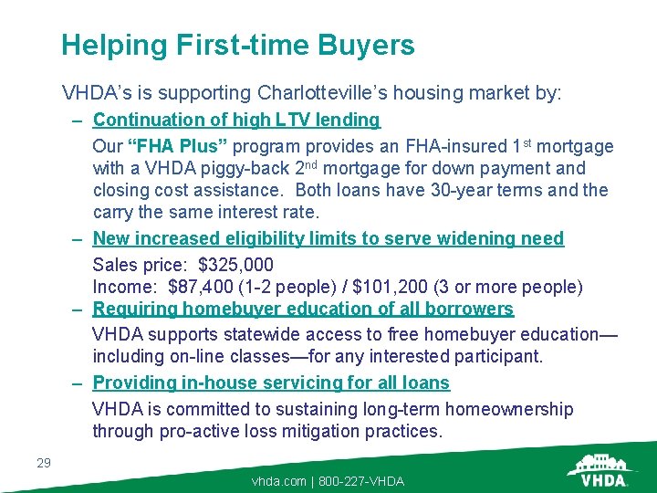 Helping First-time Buyers VHDA’s is supporting Charlotteville’s housing market by: – Continuation of high