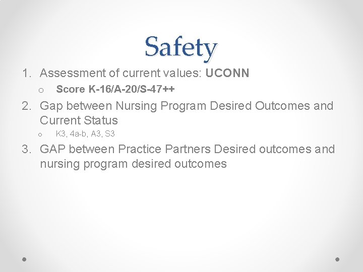Safety 1. Assessment of current values: UCONN o Score K-16/A-20/S-47++ 2. Gap between Nursing