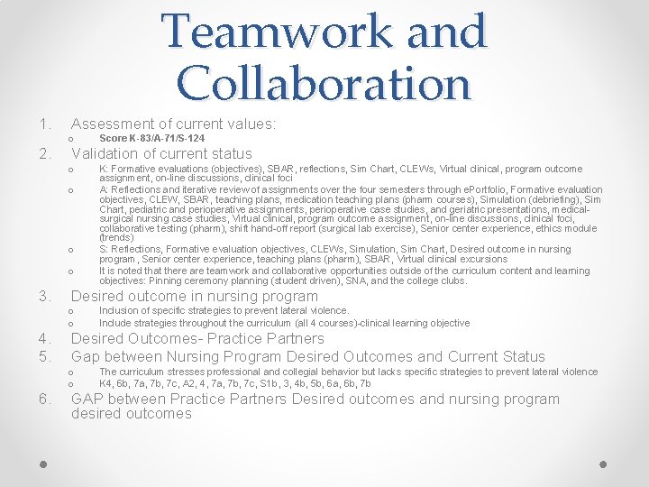 1. Teamwork and Collaboration Assessment of current values: o 2. Validation of current status