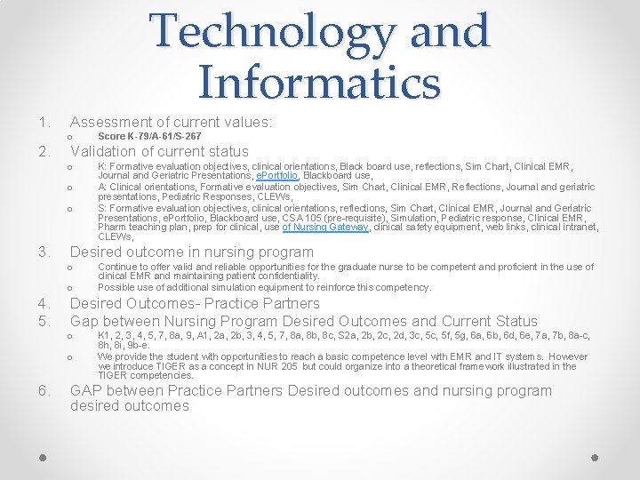 1. Technology and Informatics Assessment of current values: o 2. Validation of current status