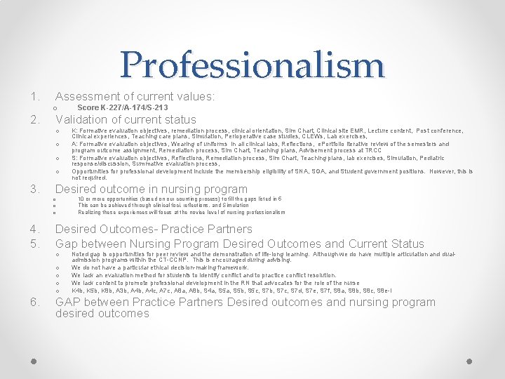 1. Professionalism Assessment of current values: o 2. Validation of current status o o