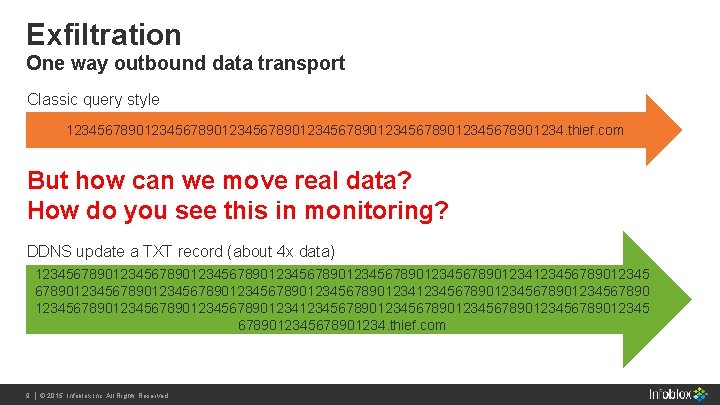 Exfiltration One way outbound data transport Classic query style 1234567890123456789012345678901234. thief. com But how Exfiltration One way outbound data transport Classic query style 1234567890123456789012345678901234. thief. com But how