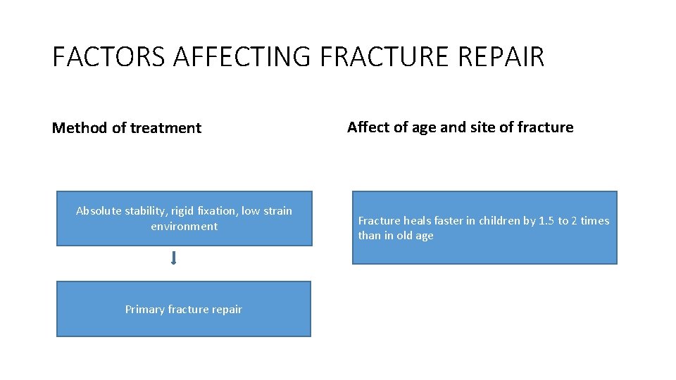 FACTORS AFFECTING FRACTURE REPAIR Method of treatment Absolute stability, rigid fixation, low strain environment FACTORS AFFECTING FRACTURE REPAIR Method of treatment Absolute stability, rigid fixation, low strain environment