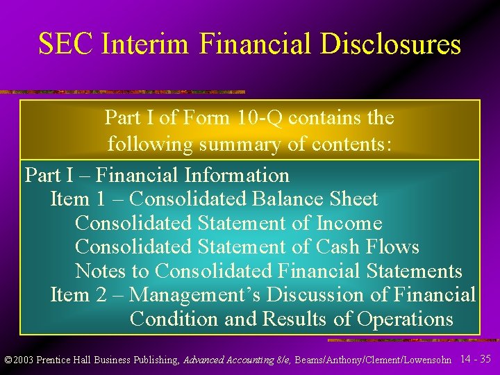 SEC Interim Financial Disclosures Part I of Form 10 -Q contains the following summary SEC Interim Financial Disclosures Part I of Form 10 -Q contains the following summary