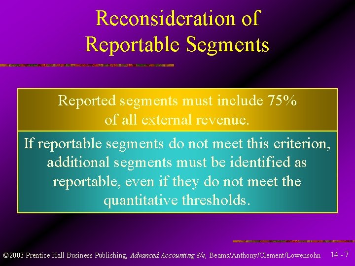 Reconsideration of Reportable Segments Reported segments must include 75% of all external revenue. If Reconsideration of Reportable Segments Reported segments must include 75% of all external revenue. If