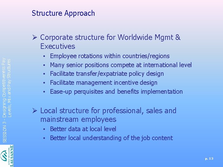 Structure Approach SESSION 3 - Designing Competitiveness Pay Levels, Mix and Pay Structures Ø