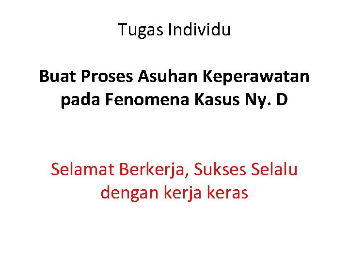 Tugas Individu Buat Proses Asuhan Keperawatan pada Fenomena Kasus Ny. D Selamat Berkerja, Sukses