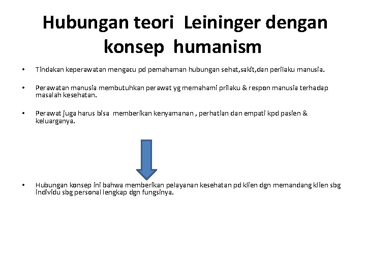  Hubungan teori Leininger dengan konsep humanism • Tindakan keperawatan mengacu pd pemahaman hubungan