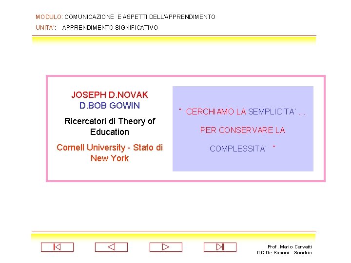 MODULO: COMUNICAZIONE E ASPETTI DELL’APPRENDIMENTO UNITA’: APPRENDIMENTO SIGNIFICATIVO JOSEPH D. NOVAK D. BOB GOWIN