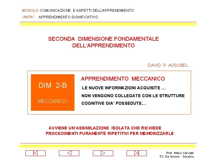 MODULO: COMUNICAZIONE E ASPETTI DELL’APPRENDIMENTO UNITA’: APPRENDIMENTO SIGNIFICATIVO SECONDA DIMENSIONE FONDAMENTALE DELL’APPRENDIMENTO DAVID P.