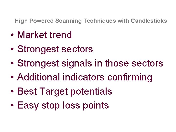 High Powered Scanning Techniques with Candlesticks • • • Market trend Strongest sectors Strongest