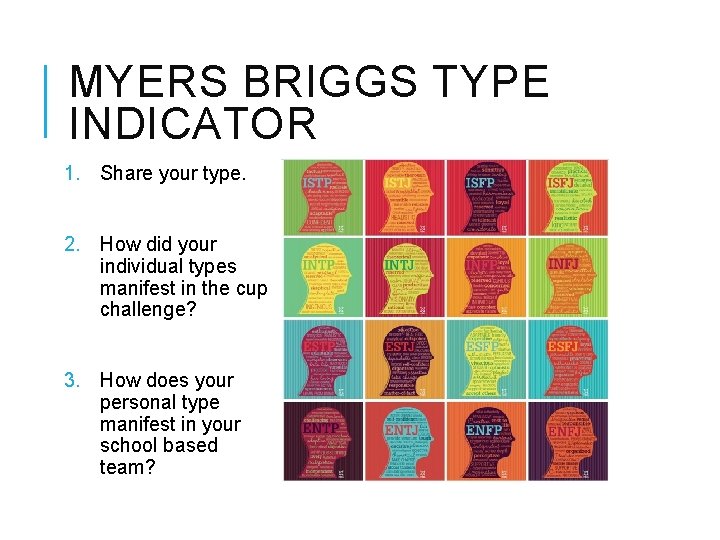 MYERS BRIGGS TYPE INDICATOR 1. Share your type. 2. How did your individual types