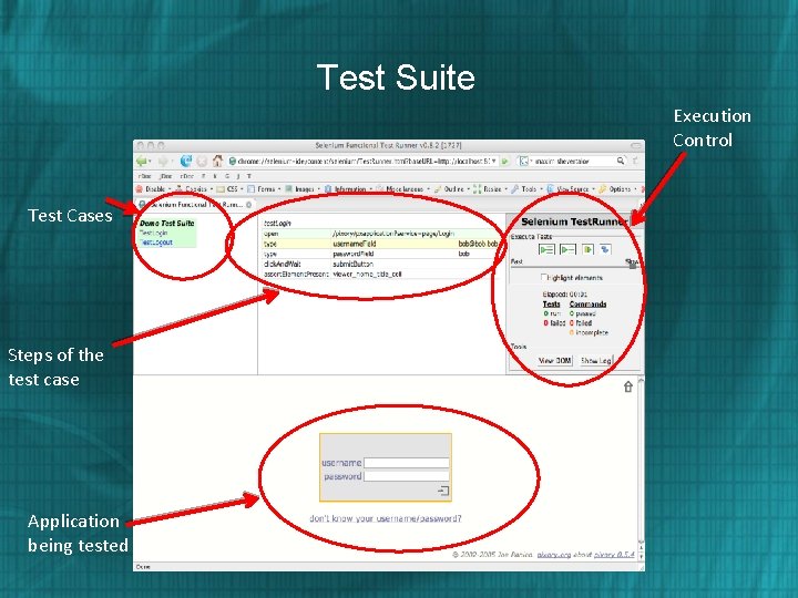 Test Suite Execution Control Test Cases Steps of the test case Application being tested