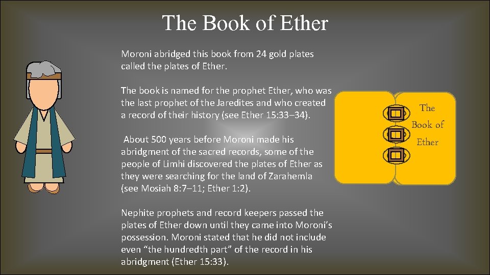 The Book of Ether Moroni abridged this book from 24 gold plates called the